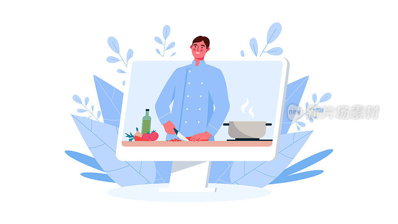 Online culinary school. Online recipe, Man chef teaches cooking new recipe. Food Blog, channel. Video tutorial. Online education, distance learning, webinars. Flat Cartoon Vector Illustration.